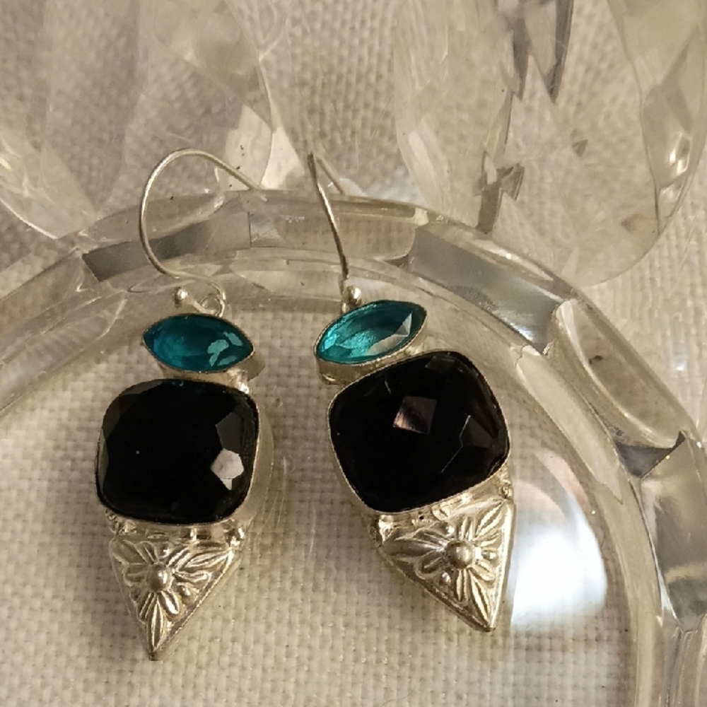 925 Sterling Dangle Earrings with Large Black Glass Stones, And Blue Topaz